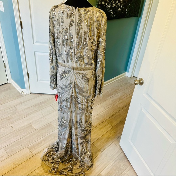 Mac Duggal 5222 SEQUINED WRAP SPLIT LONG SLEEVE GOWN NWT platinum Silver Sz 12 - Picture 12 of 15